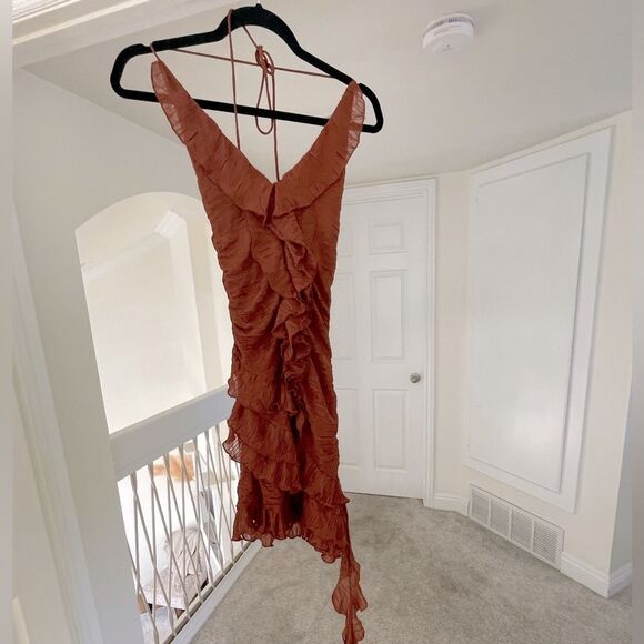 Zara chocolate ruched and Ruffled mini Dress, S - Picture 2 of 4